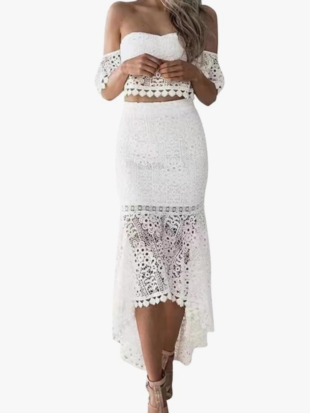 White Lace Off-Shoulder Two-Piece Maxi Set